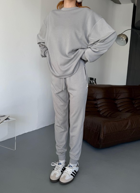 TKM-1106 Boyama Gri Modal Kumaş Oversize Salaş Bluz Paça Lastikli Gazili İkili Takım - 4