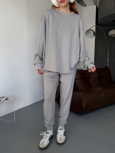 TKM-1106 Boyama Gri Modal Kumaş Oversize Salaş Bluz Paça Lastikli Gazili İkili Takım - Cappmoda (1)