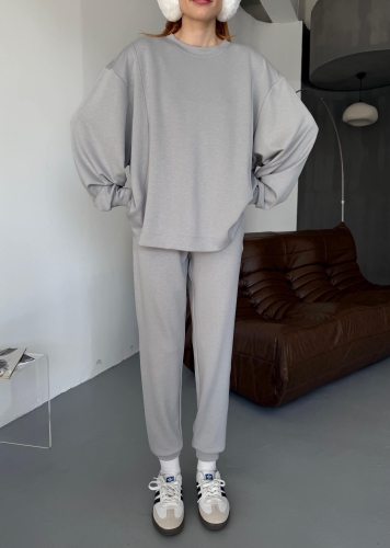 TKM-1106 Boyama Gri Modal Kumaş Oversize Salaş Bluz Paça Lastikli Gazili İkili Takım - 6