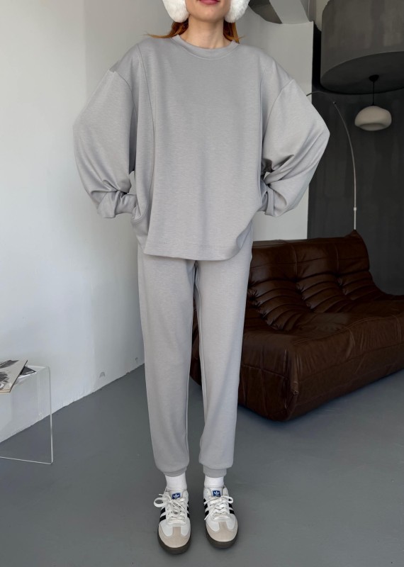 TKM-1106 Boyama Gri Modal Kumaş Oversize Salaş Bluz Paça Lastikli Gazili İkili Takım - 6