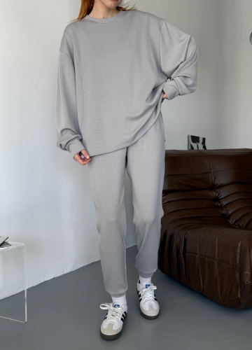 TKM-1106 Boyama Gri Modal Kumaş Oversize Salaş Bluz Paça Lastikli Gazili İkili Takım - 8