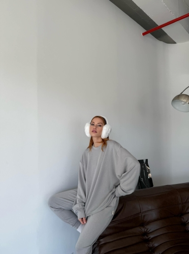 TKM-1106 Boyama Gri Modal Kumaş Oversize Salaş Bluz Paça Lastikli Gazili İkili Takım - 5