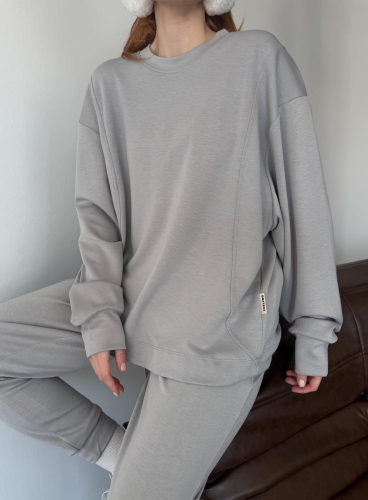 TKM-1106 Boyama Gri Modal Kumaş Oversize Salaş Bluz Paça Lastikli Gazili İkili Takım - 3