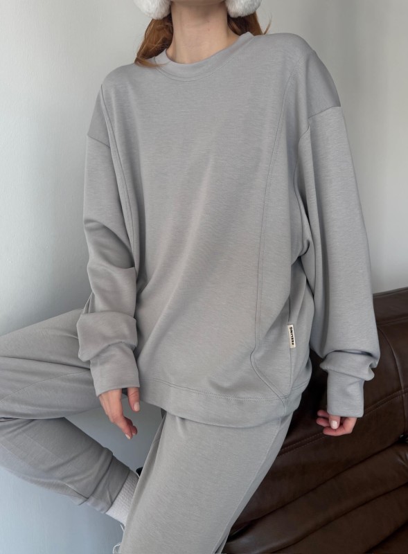 TKM-1106 Boyama Gri Modal Kumaş Oversize Salaş Bluz Paça Lastikli Gazili İkili Takım - 3