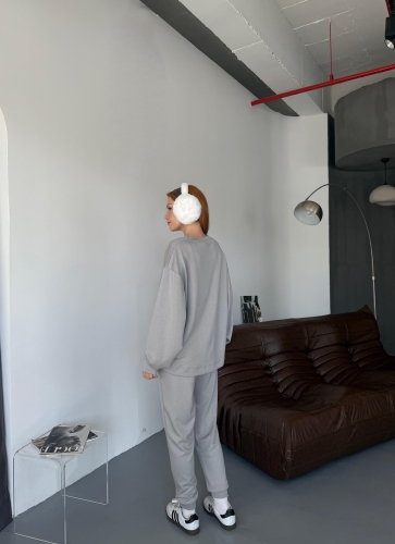 TKM-1106 Boyama Gri Modal Kumaş Oversize Salaş Bluz Paça Lastikli Gazili İkili Takım - 9