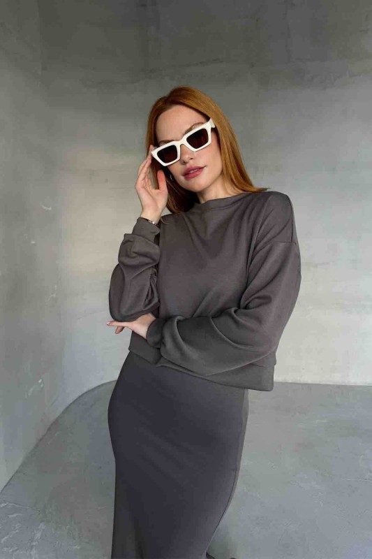 TKM-1108 Antrasit Modal Kumaş Bluz Kalem Etek İkili Takım - 2