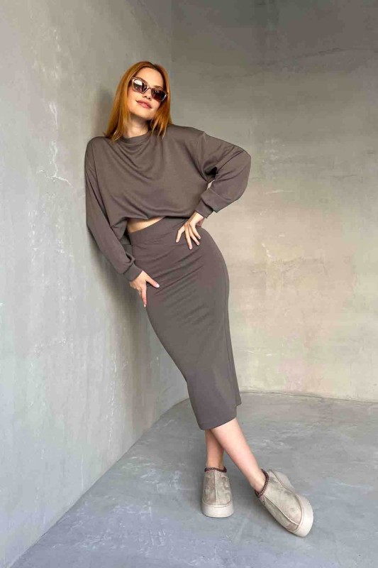 TKM-1108 Antrasit Modal Kumaş Bluz Kalem Etek İkili Takım - 1