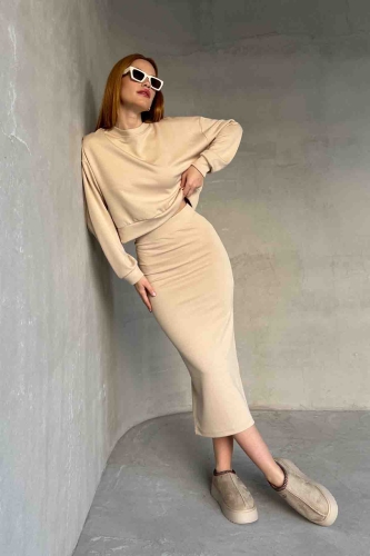 TKM-1108 Krem Rengi Modal Kumaş Bluz Kalem Etek İkili Takım