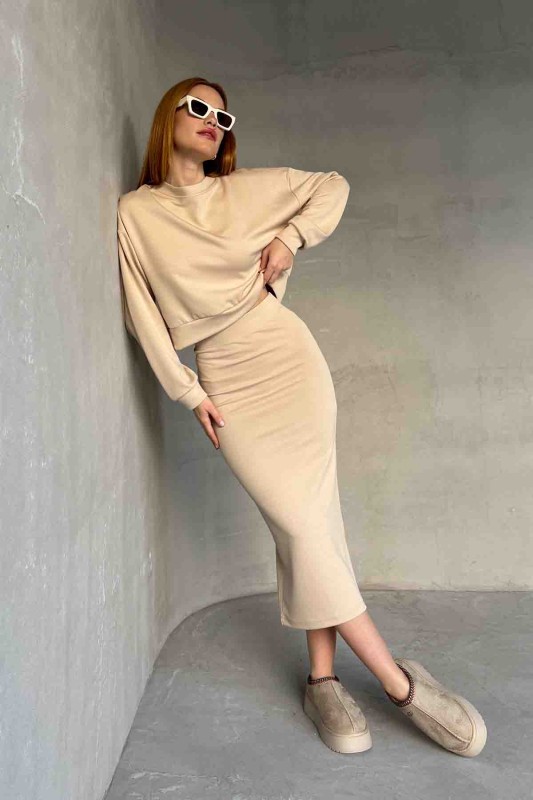 TKM-1108 Krem Rengi Modal Kumaş Bluz Kalem Etek İkili Takım - 1