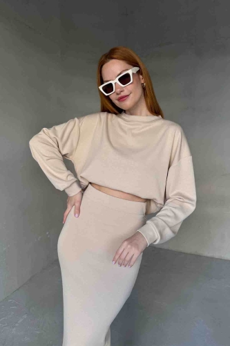 TKM-1108 Krem Rengi Modal Kumaş Bluz Kalem Etek İkili Takım (1)