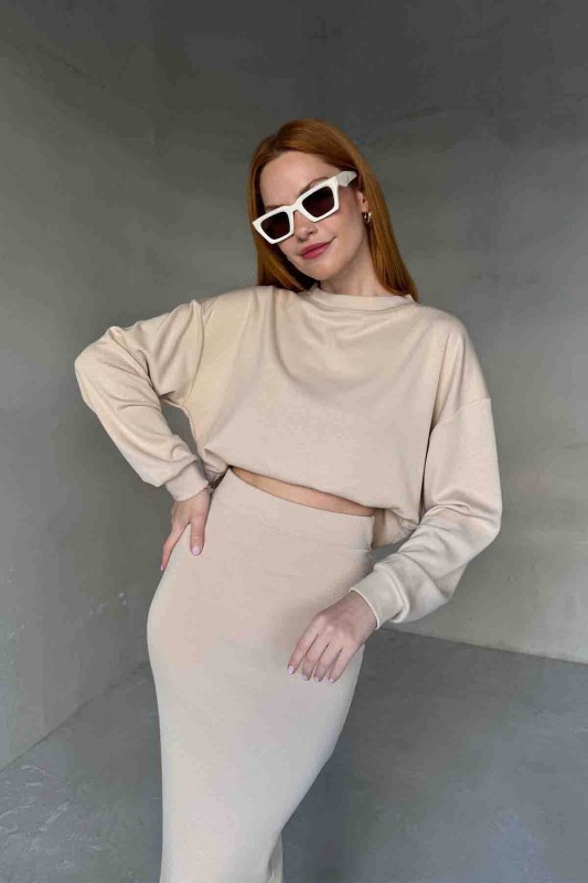 TKM-1108 Krem Rengi Modal Kumaş Bluz Kalem Etek İkili Takım - 2