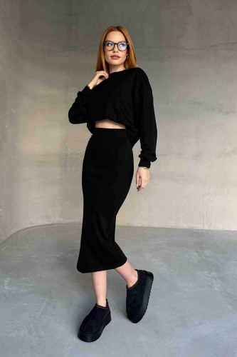 TKM-1108 Siyah Modal Kumaş Bluz Kalem Etek İkili Takım - 1