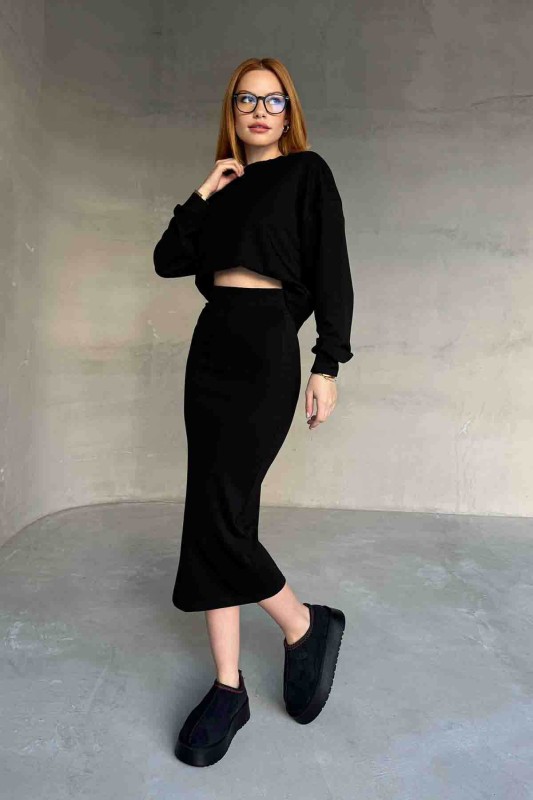 TKM-1108 Siyah Modal Kumaş Bluz Kalem Etek İkili Takım - 1