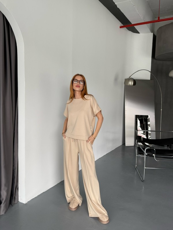 TKM-1111 Bej Rengi Kısa Kollu Bluz Çimalı Salaş Palazzo Alt İkili Takım - 1