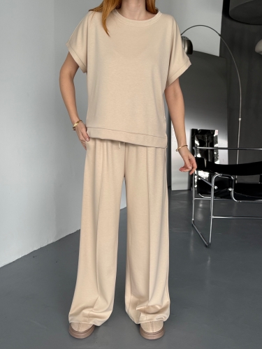 TKM-1111 Bej Rengi Kısa Kollu Bluz Çimalı Salaş Palazzo Alt İkili Takım - 3