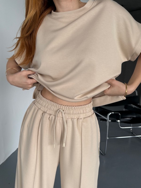 TKM-1111 Bej Rengi Kısa Kollu Bluz Çimalı Salaş Palazzo Alt İkili Takım - 4