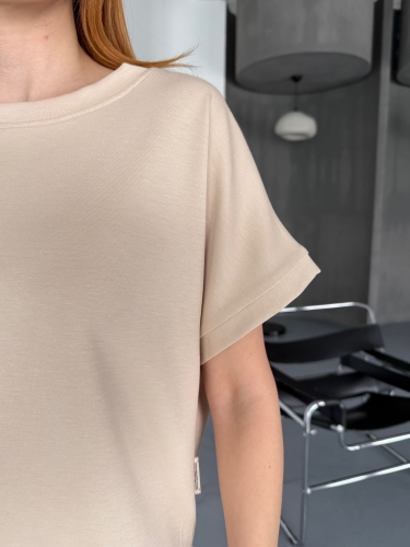 TKM-1111 Bej Rengi Kısa Kollu Bluz Çimalı Salaş Palazzo Alt İkili Takım - 5