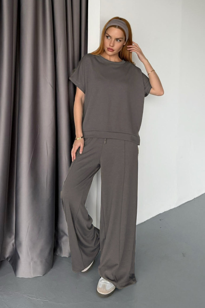 TKM-1111 Füme Kısa Kollu Bluz Çimalı Salaş Palazzo Alt İkili Takım