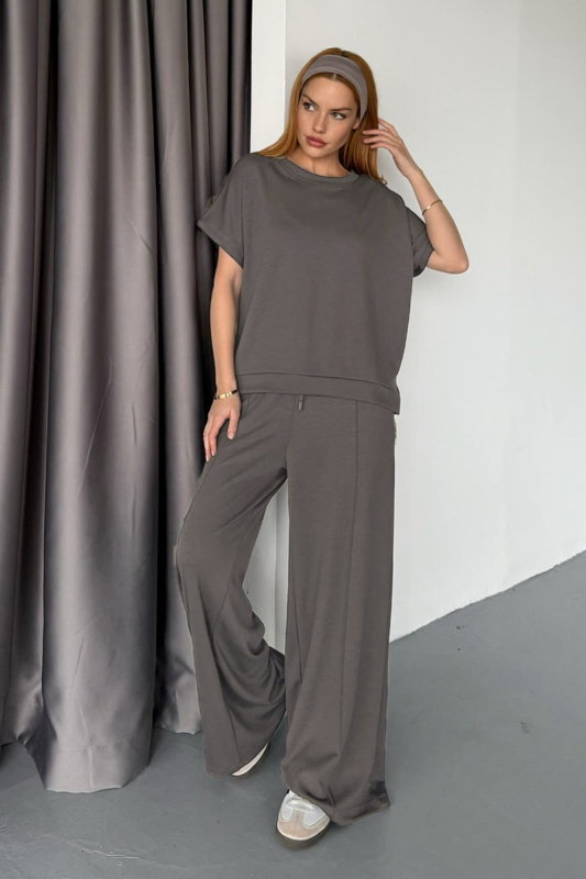 TKM-1111 Füme Kısa Kollu Bluz Çimalı Salaş Palazzo Alt İkili Takım - 1