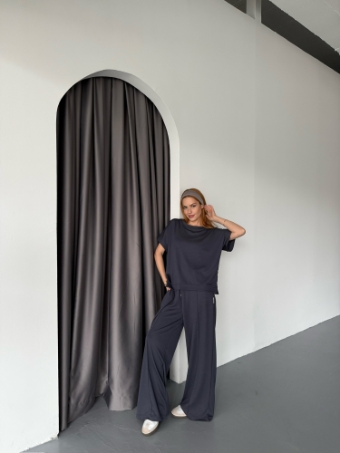 TKM-1111 Lacivert Kısa Kollu Bluz Çimalı Salaş Palazzo Alt İkili Takım - 1