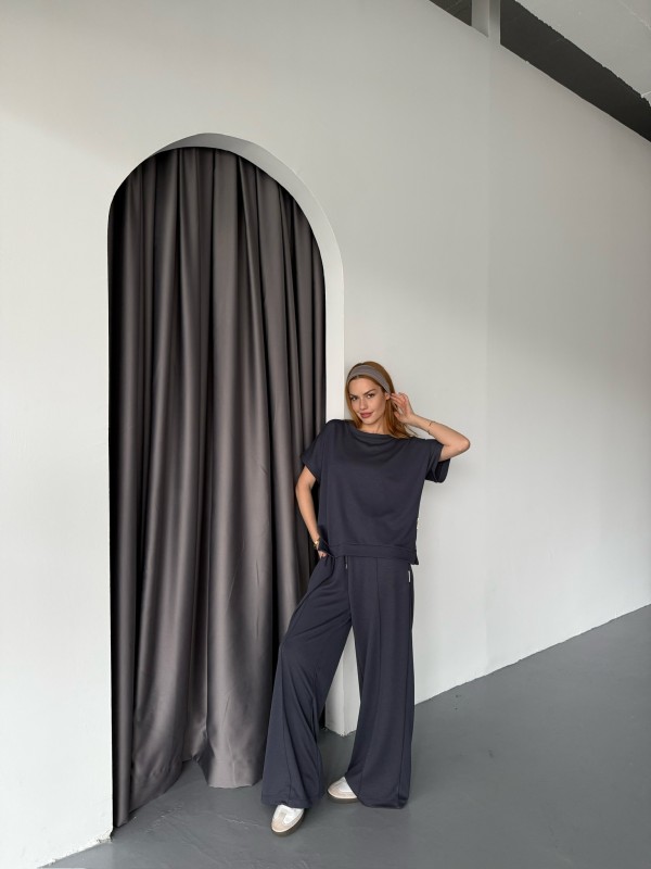 TKM-1111 Lacivert Kısa Kollu Bluz Çimalı Salaş Palazzo Alt İkili Takım - 1