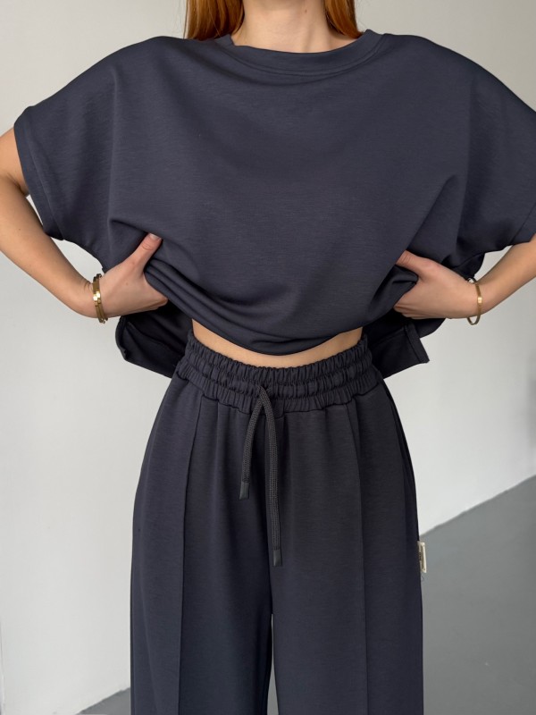 TKM-1111 Lacivert Kısa Kollu Bluz Çimalı Salaş Palazzo Alt İkili Takım - 2