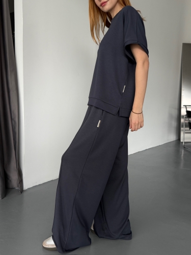 TKM-1111 Lacivert Kısa Kollu Bluz Çimalı Salaş Palazzo Alt İkili Takım - 3
