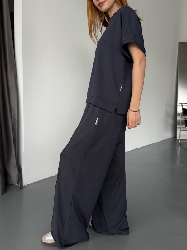 TKM-1111 Lacivert Kısa Kollu Bluz Çimalı Salaş Palazzo Alt İkili Takım - 3