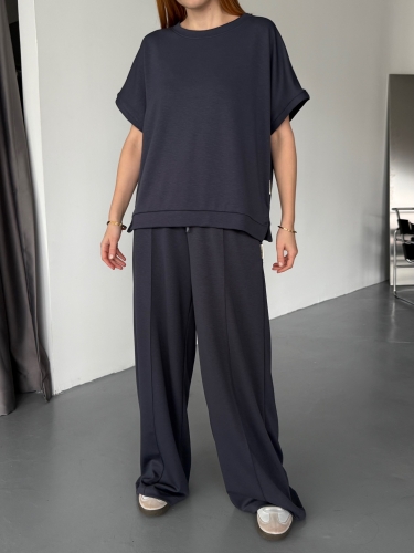 TKM-1111 Lacivert Kısa Kollu Bluz Çimalı Salaş Palazzo Alt İkili Takım - 4