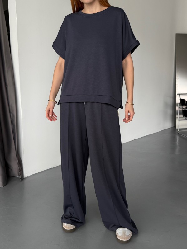 TKM-1111 Lacivert Kısa Kollu Bluz Çimalı Salaş Palazzo Alt İkili Takım - 4