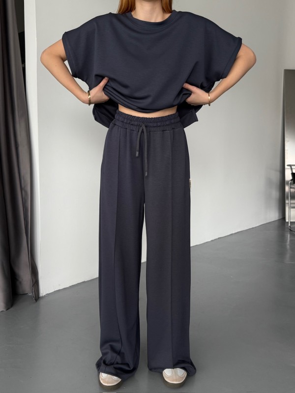 TKM-1111 Lacivert Kısa Kollu Bluz Çimalı Salaş Palazzo Alt İkili Takım - 5