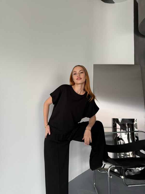 TKM-1111 Siyah Kısa Kollu Bluz Çimalı Salaş Palazzo Alt İkili Takım - 1