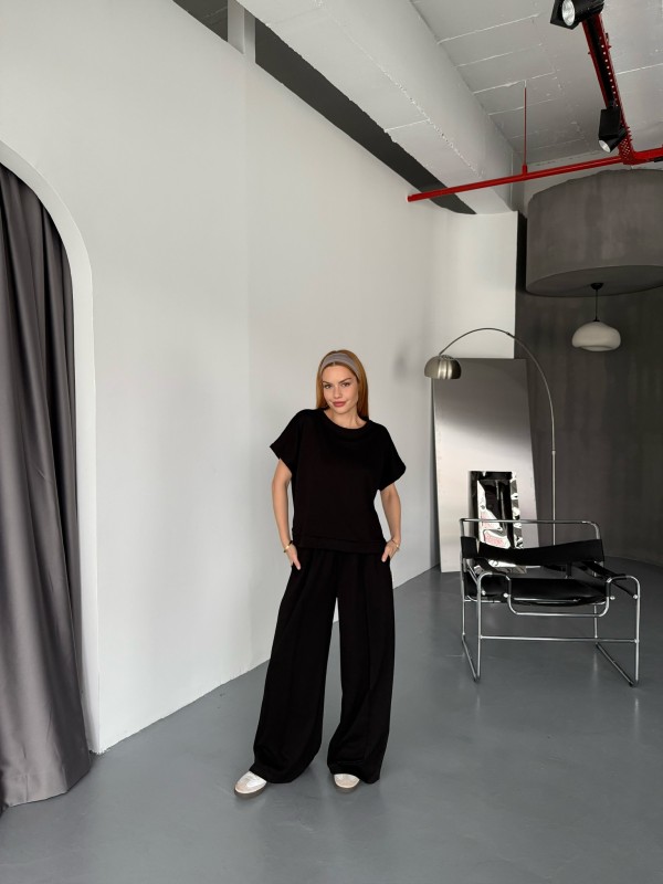 TKM-1111 Siyah Kısa Kollu Bluz Çimalı Salaş Palazzo Alt İkili Takım - 2