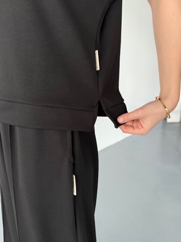 TKM-1111 Siyah Kısa Kollu Bluz Çimalı Salaş Palazzo Alt İkili Takım - 3