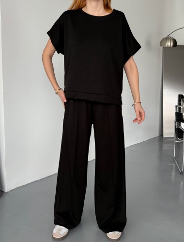 TKM-1111 Siyah Kısa Kollu Bluz Çimalı Salaş Palazzo Alt İkili Takım - 4