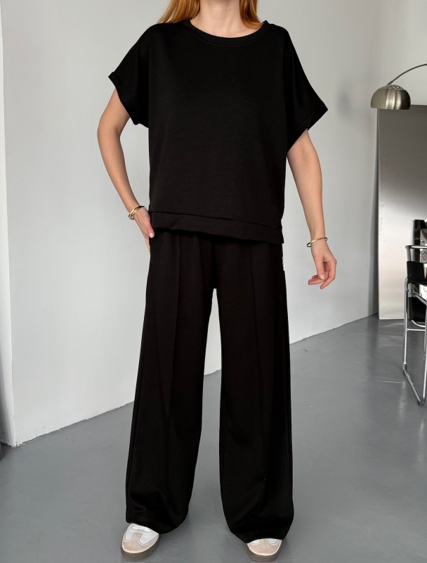 TKM-1111 Siyah Kısa Kollu Bluz Çimalı Salaş Palazzo Alt İkili Takım - 4