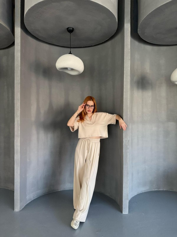 TKM-1112 Bej Rengi Modal Kumaş Polo V Yaka Bluz Bel Lastikli Palazzo Alt İkili Takım - 1