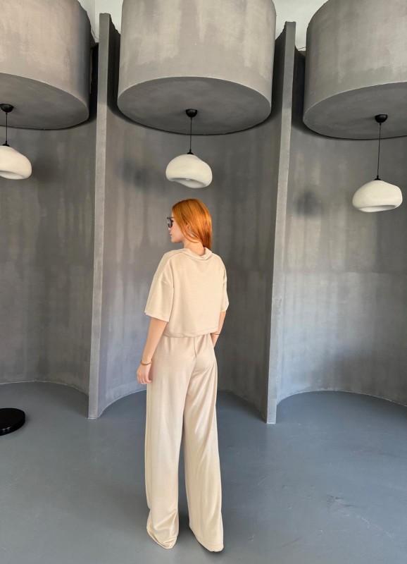 TKM-1112 Bej Rengi Modal Kumaş Polo V Yaka Bluz Bel Lastikli Palazzo Alt İkili Takım - 4