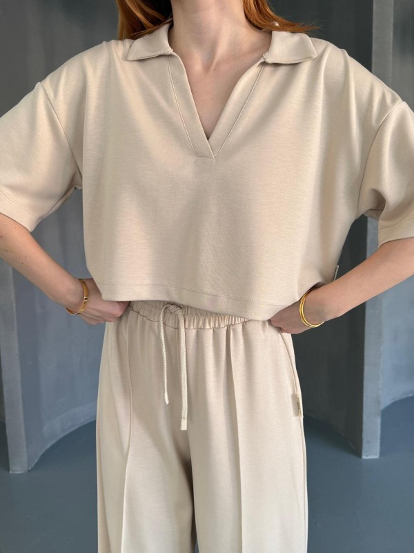 TKM-1112 Bej Rengi Modal Kumaş Polo V Yaka Bluz Bel Lastikli Palazzo Alt İkili Takım - 2