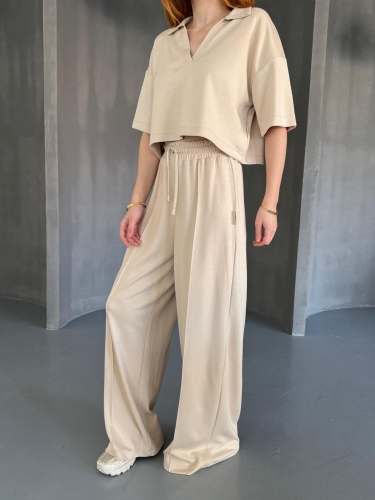 TKM-1112 Bej Rengi Modal Kumaş Polo V Yaka Bluz Bel Lastikli Palazzo Alt İkili Takım - 3