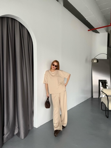 TKM-1113 Bej Rengi Modal Kumaş Yarım Kol Basic Bluz Palazzo Bel Lastikli Alt İkili Takım - 1