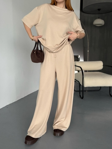 TKM-1113 Bej Rengi Modal Kumaş Yarım Kol Basic Bluz Palazzo Bel Lastikli Alt İkili Takım - 3