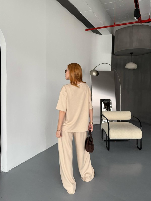 TKM-1113 Bej Rengi Modal Kumaş Yarım Kol Basic Bluz Palazzo Bel Lastikli Alt İkili Takım - 5