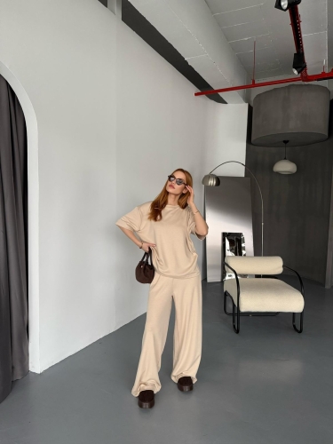 TKM-1113 Bej Rengi Modal Kumaş Yarım Kol Basic Bluz Palazzo Bel Lastikli Alt İkili Takım - 2