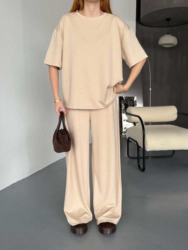 TKM-1113 Bej Rengi Modal Kumaş Yarım Kol Basic Bluz Palazzo Bel Lastikli Alt İkili Takım - 4