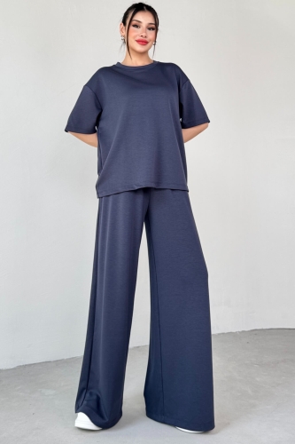 TKM-1113 Lacivert Modal Kumaş Yarım Kol Basic Bluz Palazzo Bel Lastikli Alt İkili Takım - 3