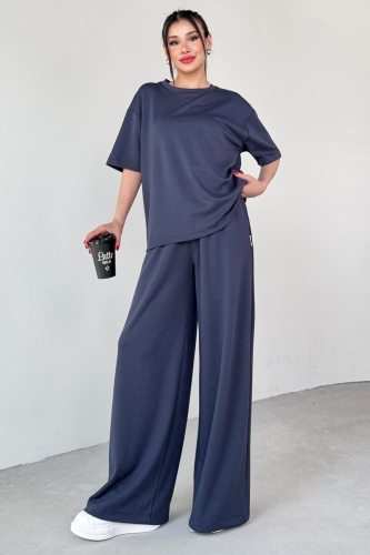 TKM-1113 Lacivert Modal Kumaş Yarım Kol Basic Bluz Palazzo Bel Lastikli Alt İkili Takım 