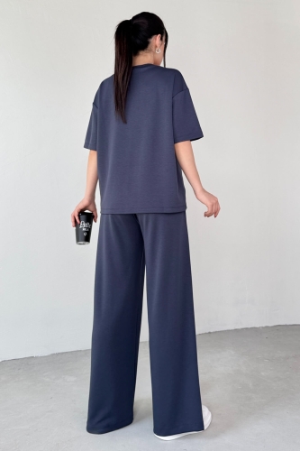 TKM-1113 Lacivert Modal Kumaş Yarım Kol Basic Bluz Palazzo Bel Lastikli Alt İkili Takım - 4