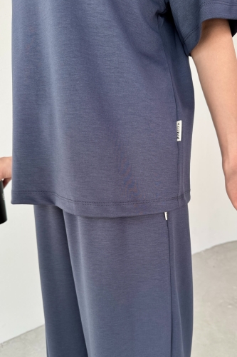 TKM-1113 Lacivert Modal Kumaş Yarım Kol Basic Bluz Palazzo Bel Lastikli Alt İkili Takım - 5