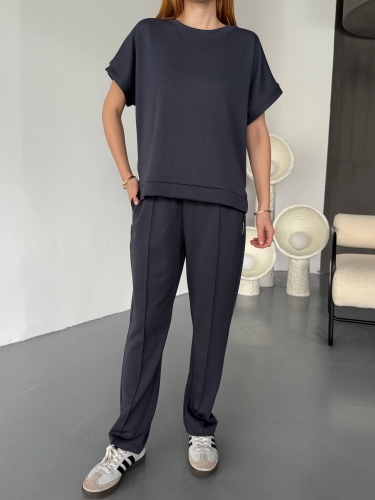 TKM-1114 Antrasit Modal Kumaş Kısa Kollu Bluz Havuç Model Çimalı Alt İkili Takım - 4